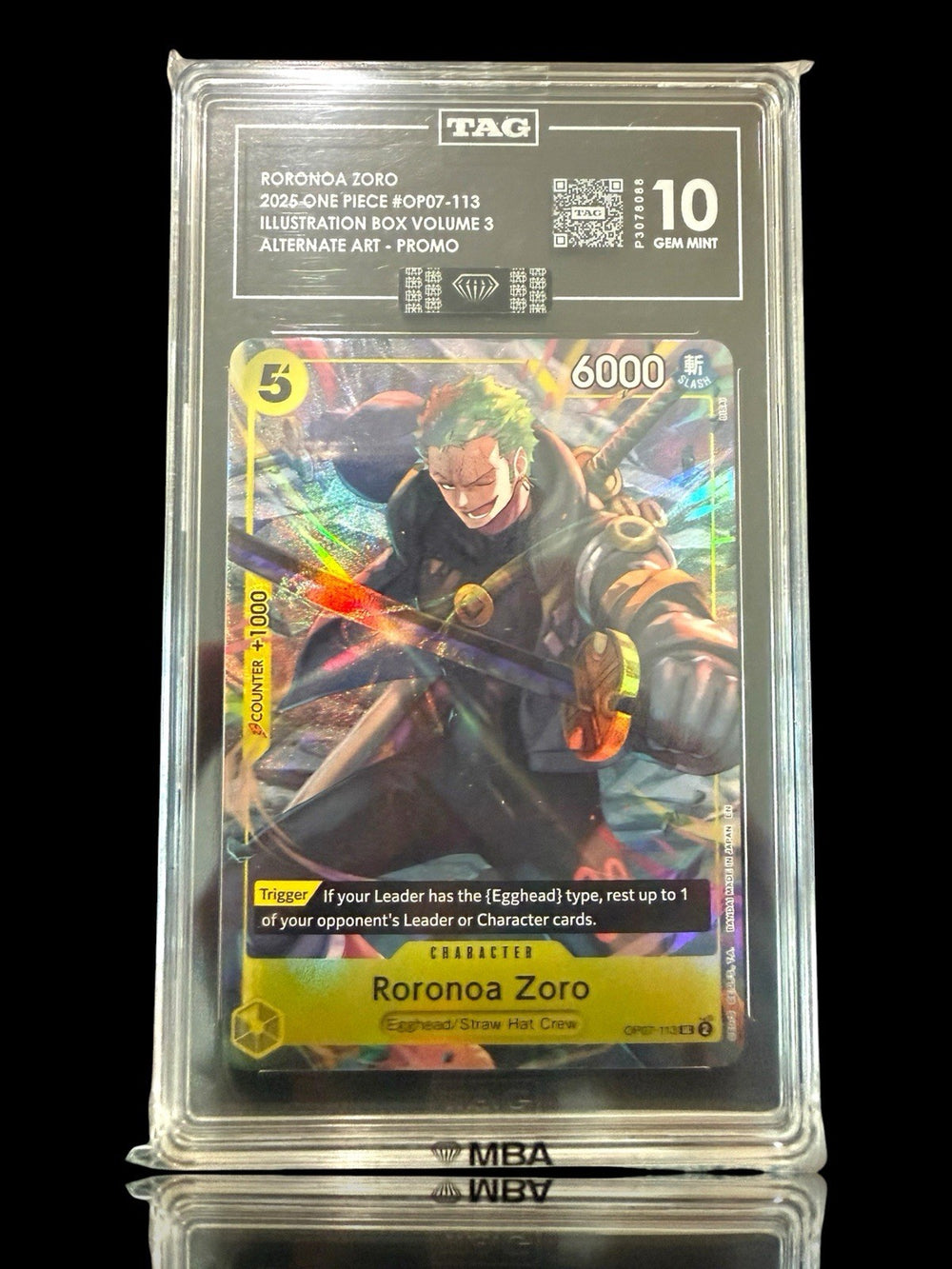 🔥 Roronoa Zoro OP07-113 One Piece Promo~TAG 10~FLAWLESS BLACK DIAMOND MBA 💎