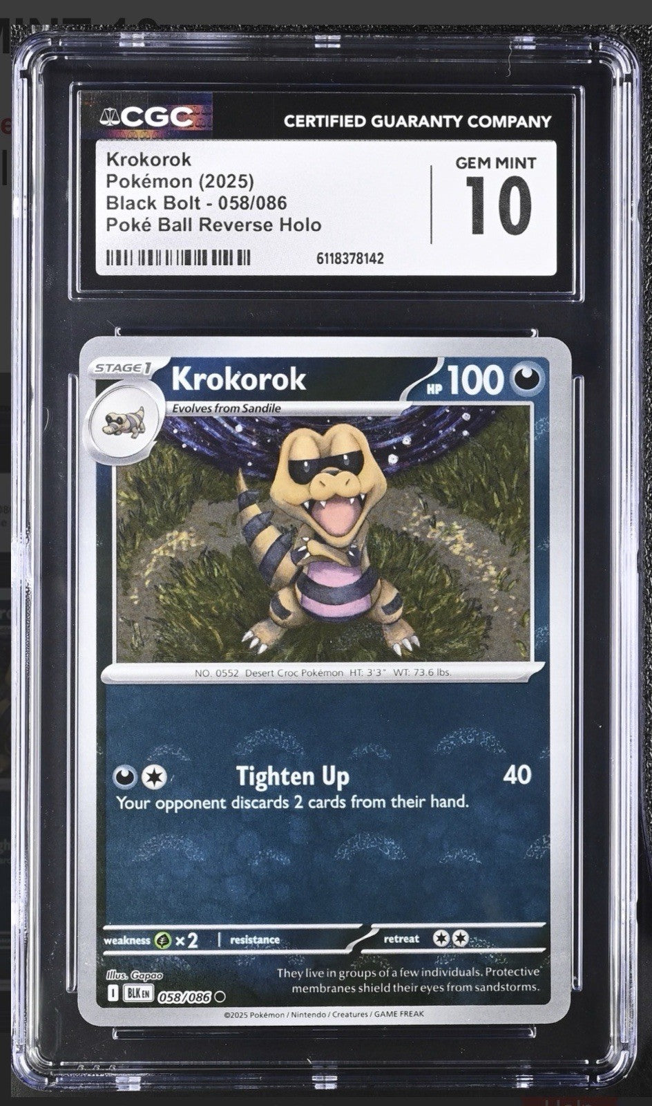 ‼️Krokorok PokeBall 058/086 Black Bolt Holo GRADE 10! SAME DAY SHIP SHOOT OFFER