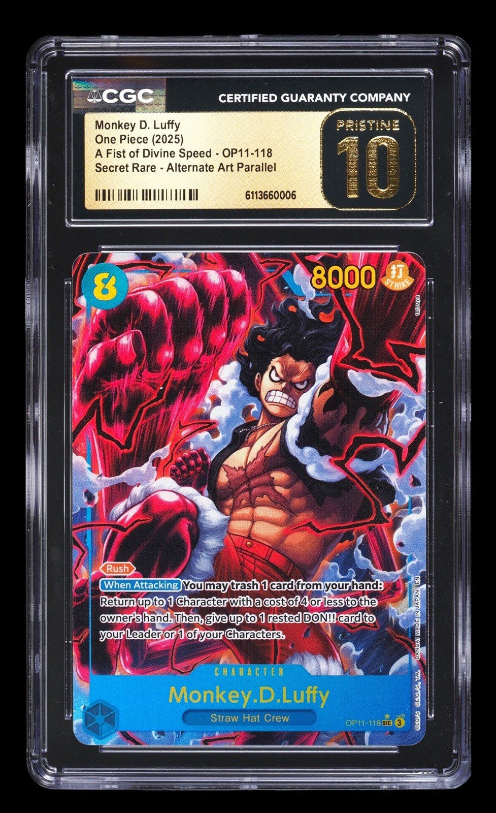 💎Monkey.D.Luffy #118 Alt Art OP11-118 A Fist of Divine Speed GRADE 10 PRISTINE