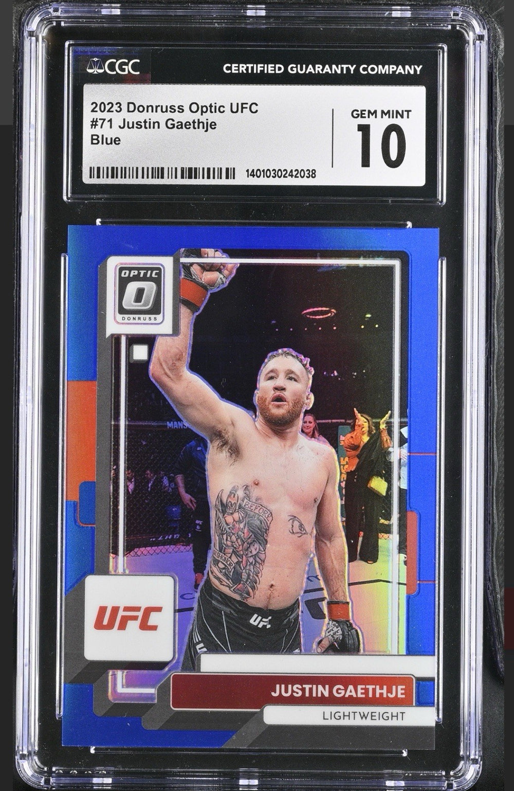 ‼️2023 Donruss Optic UFC #71 Justin Gaethje Blue Prizm 68/99~GRADE 10~OFFER ⬆️