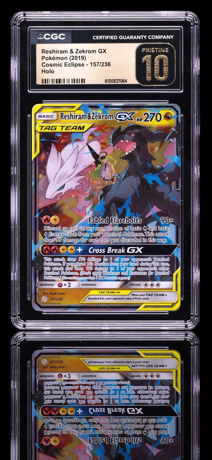 ‼️Reshiram & Zekrom GX157 Cosmic Eclipse Holo PRISTINE GOLD LABEL TOP POP 13!💨