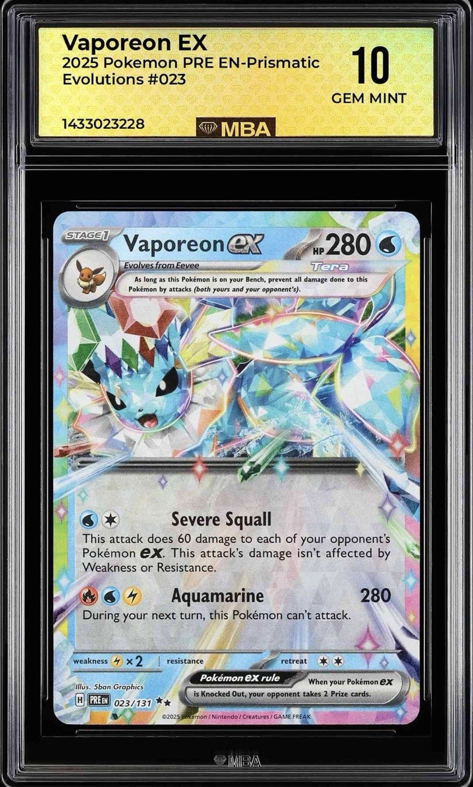 💎Pokemon Vaporeon ex 023/131 Prismatic Evolutions MBA GRADE 10! SHOOT OFFER💨