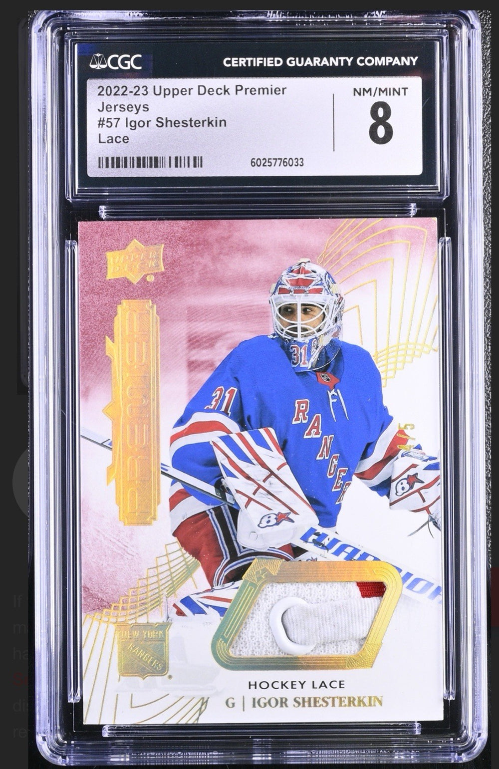 ‼️2022-23 Upper Deck Premier-Igor Shesterkin #57 JERSEY LACE 4/5 GRADE 8~POP 1💨