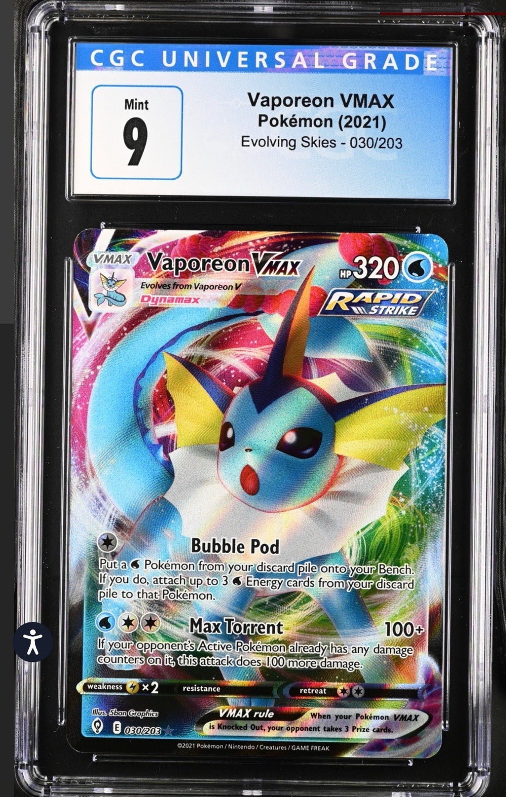 ‼️Vaporeon VMAX 030/203 SWSH07: Evolving Skies Holo~GRADE 9! SHIPS SAME DAY💨