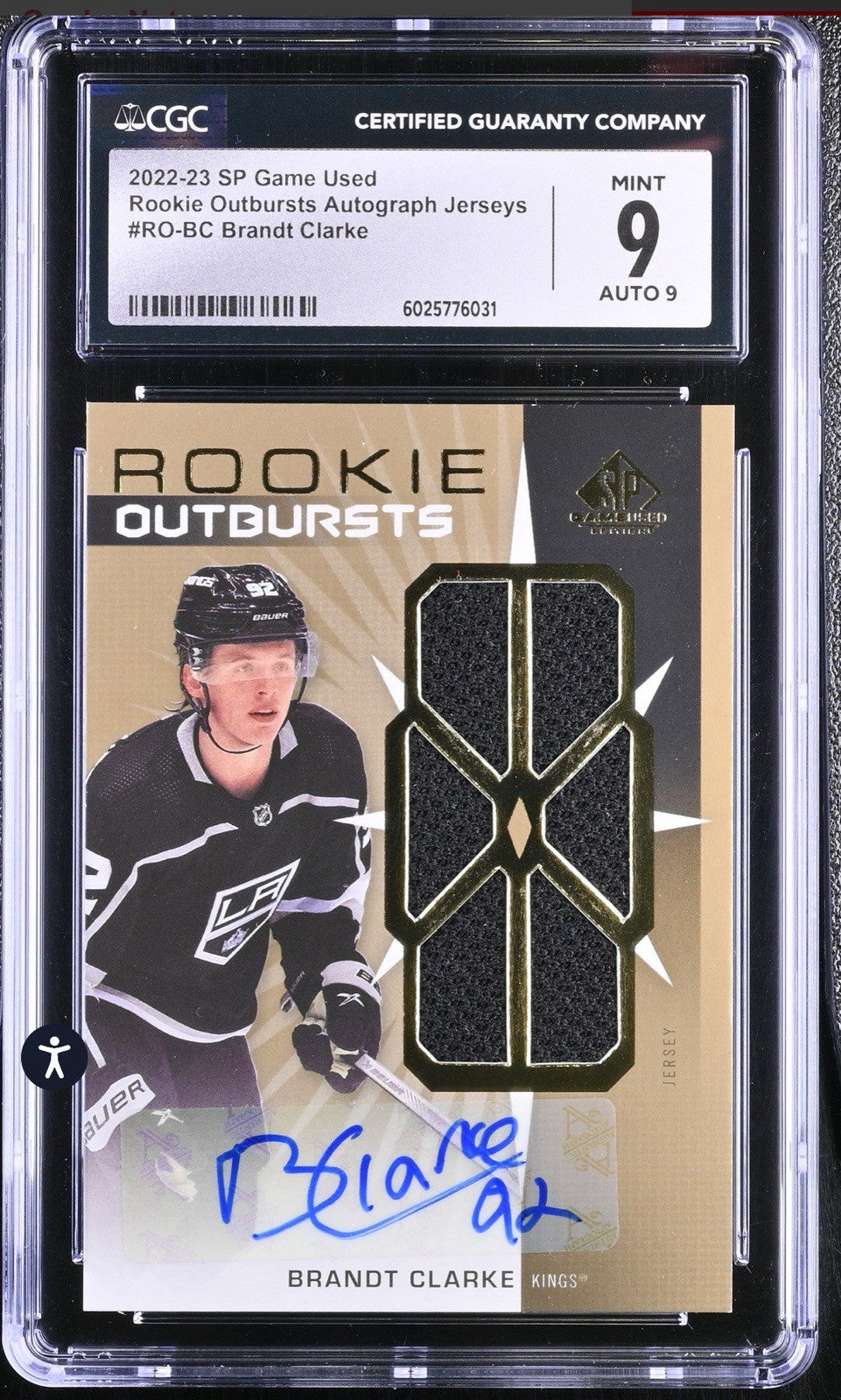 ‼️2022-23 UD SP Game Used - Rookie Outbursts Brandt Clarke Auto Jersey GRADED💨