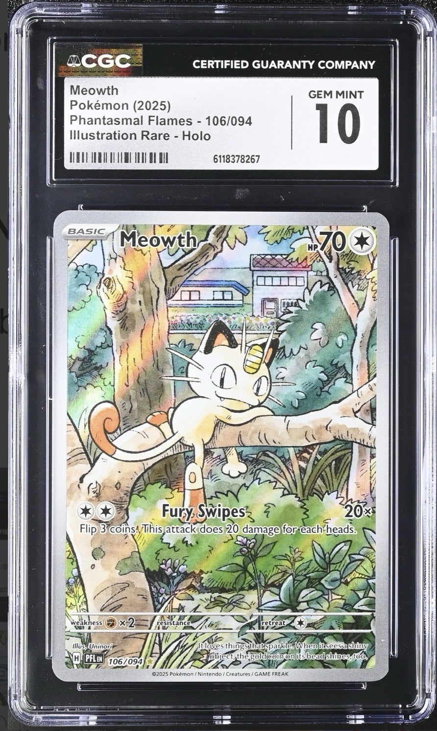 ‼️Pokemon Meowth #106 Phantasmal Flames Holo GRADE 10. SAME DAY SHIP!💨