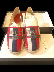 ‼️Gucci Sylvie Canvas Leather Red White Blue Logo Stripe Espadrille Shoes SIZE 8