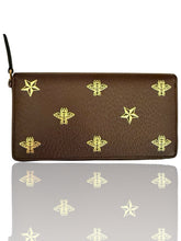 🐝 NEW GUCCI Bee Star Design Brown Leather Long Wallet Zip Around Gold Italy💨