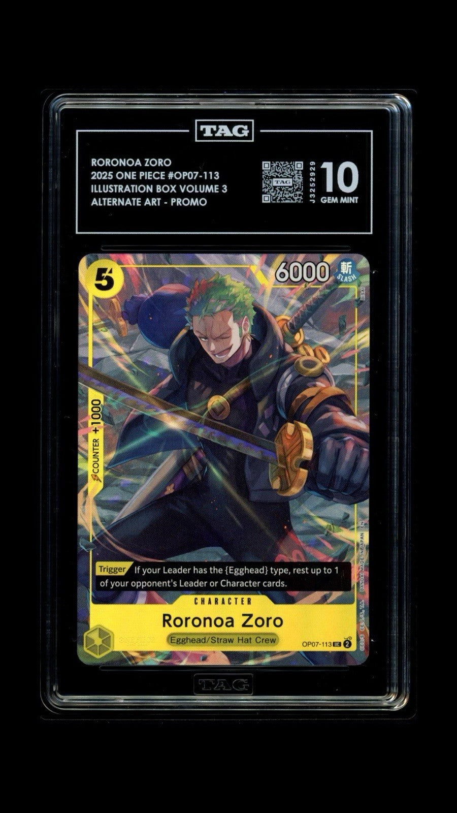 🔥 Roronoa Zoro Illustration 3 OP07-113 One Piece Promo Cards~ TAG GRADE 10!💨