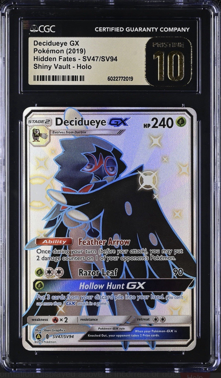 ‼️Decidueye GX SV47 Hidden Fates Shiny Vault GRADE 10 PRISTINE GOLD LABEL!💨