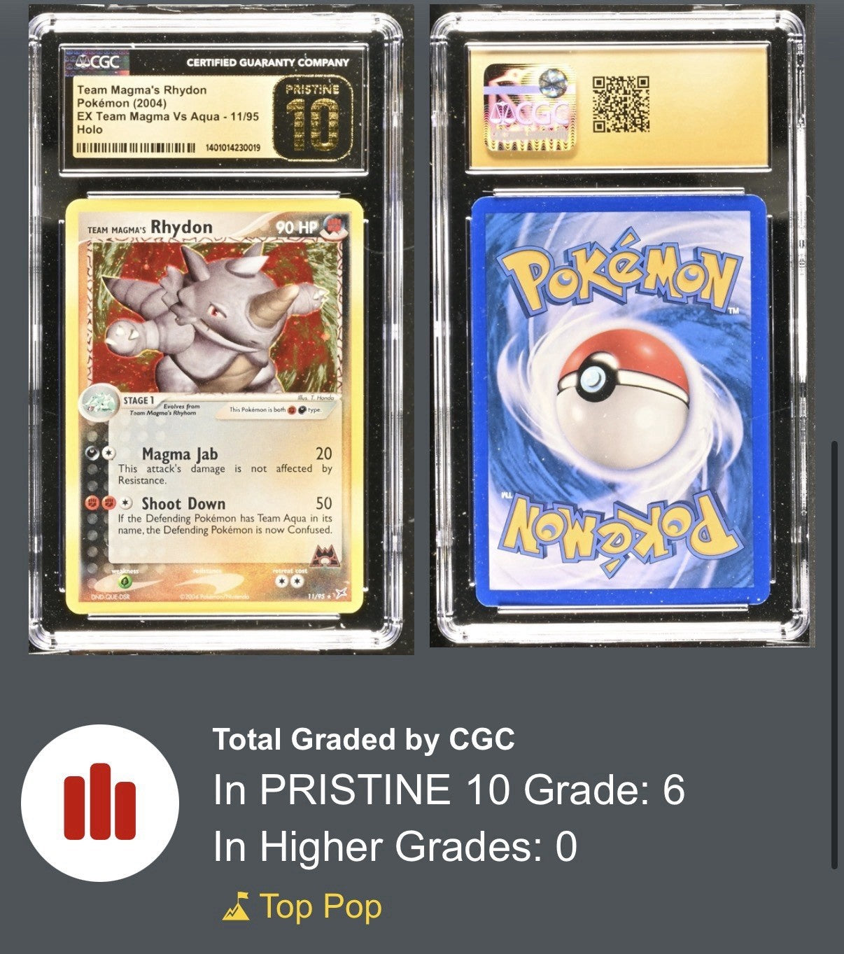 ‼️Team Magma's Rhydon #11 Magma vs Aqua Holo PRISTINE 10 GOLD LABEL TOP POP 6!💨