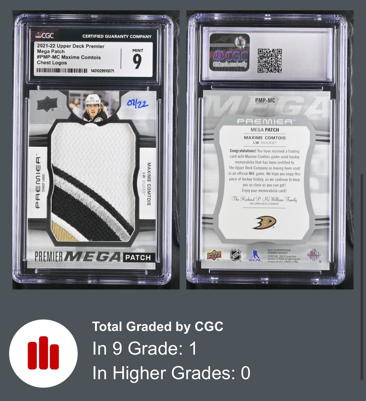 ‼️2021-22 UD Premier Mega Patch Maxime Comtois #PMP-MC Chest Logos 07/22💨