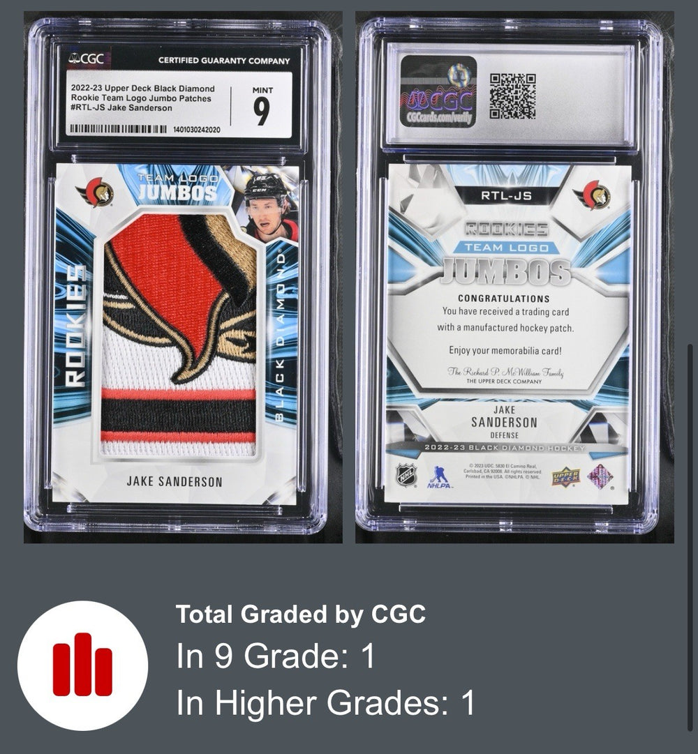 ‼️2022-23 UD JAKE SANDERSON Black Diamond Rookie Team Logo Jumbo GRADE 9~POP 1💨