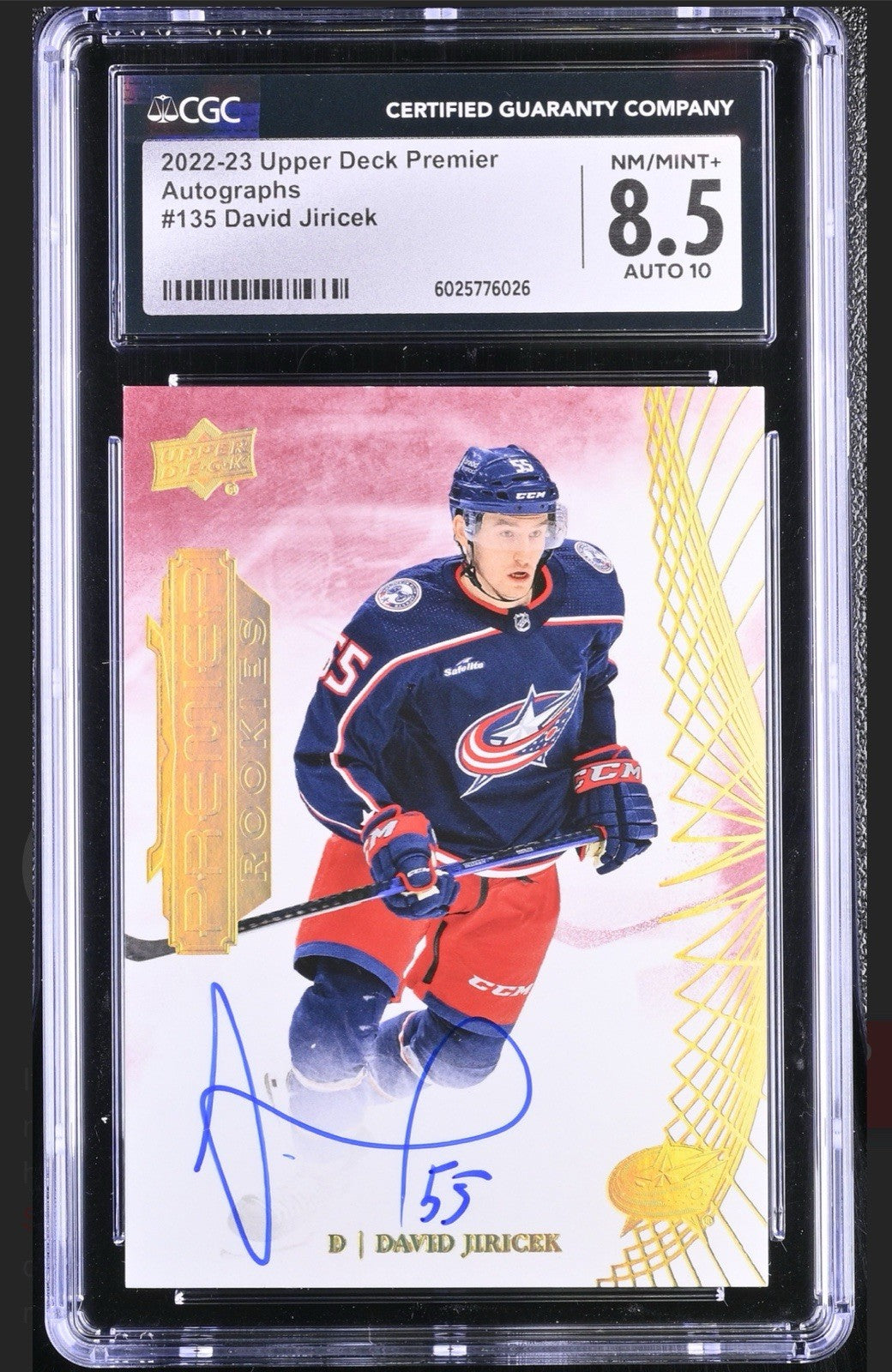‼️2022-23 Upper Deck Premier - Rookies David Jiricek #135 Gold Auto 10~POP 1!💨