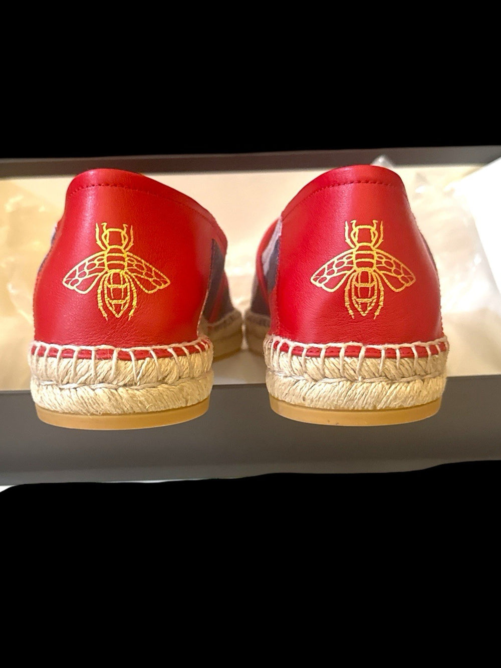 ‼️Gucci Sylvie Canvas Leather Red White Blue Logo Stripe Espadrille Shoes SIZE 8