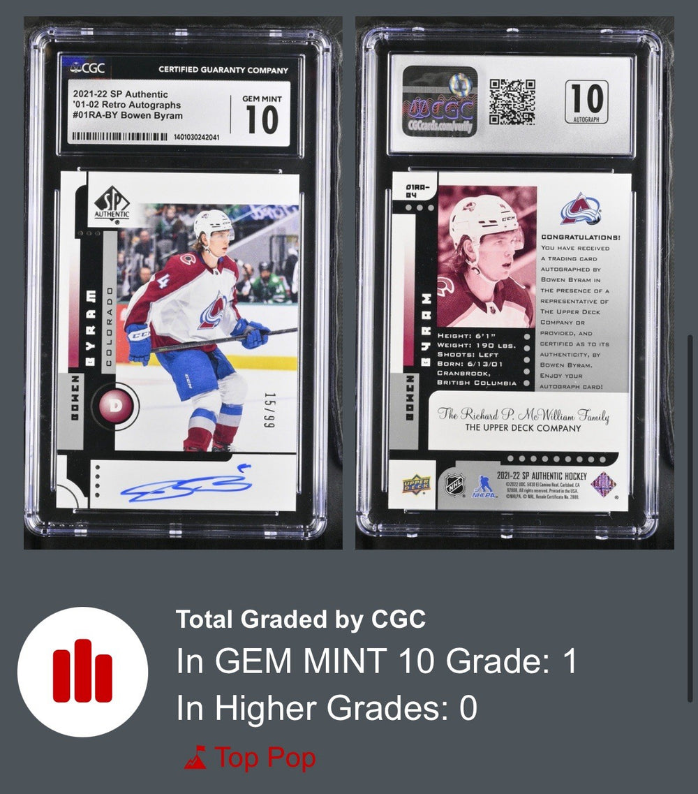 ‼️2021-22 SP Authentic Retro Autographs #01RA-BY Bowen Byram CGC 10~AUTO 10💨