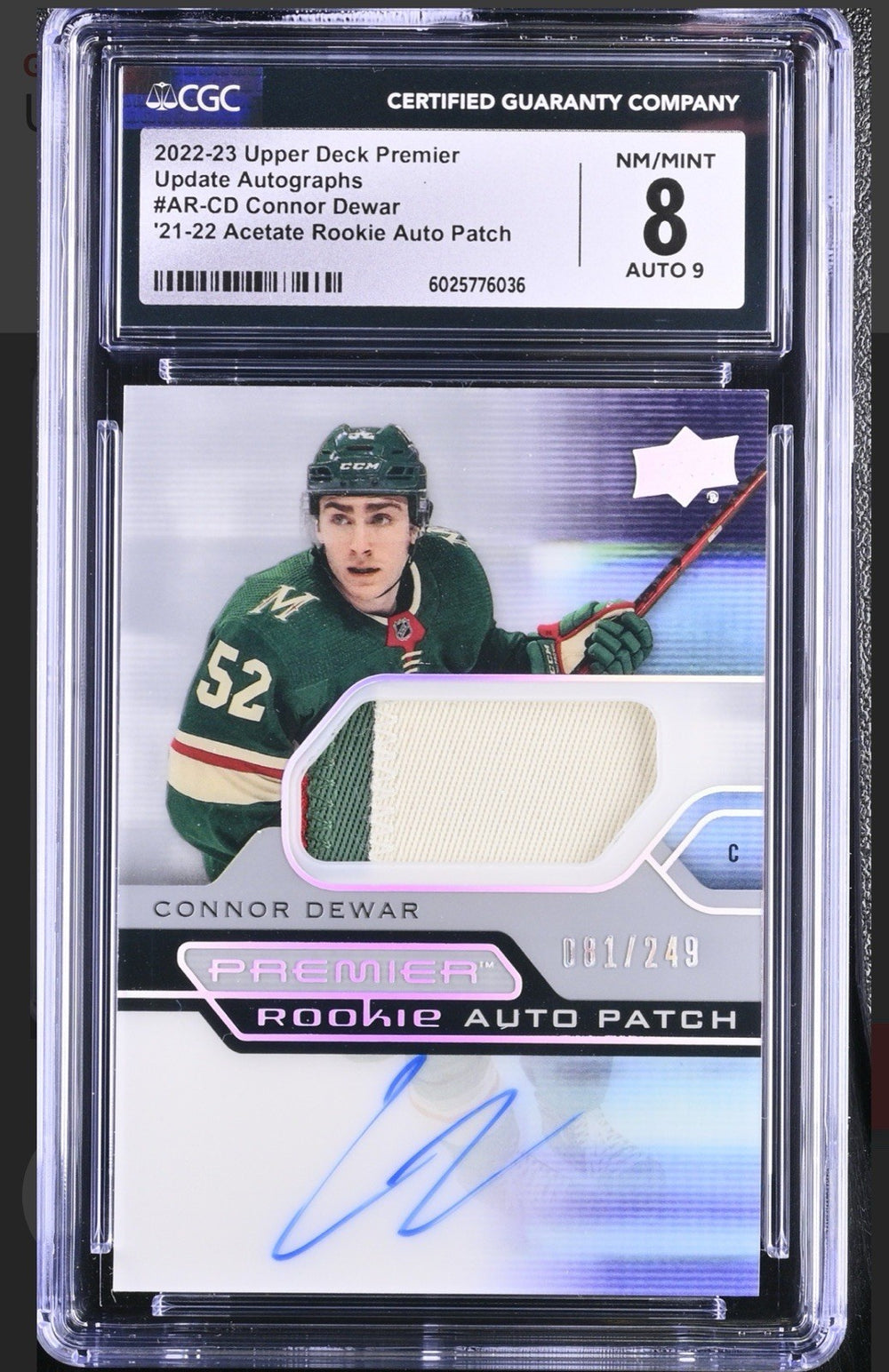 ‼️2022-23 UD Premier Connor Dewar: Acetate Rookie Patch Auto POP 1~SHOOT OFFER💨