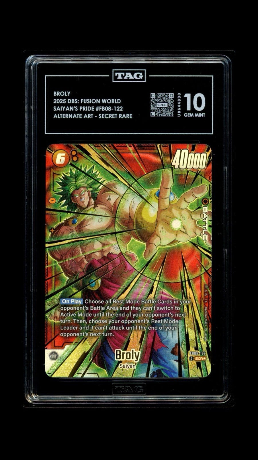 💎 Broly FB08-122 SCR Secret Rare Fusion World Saiyan's Pride DBS TAG 10!💨