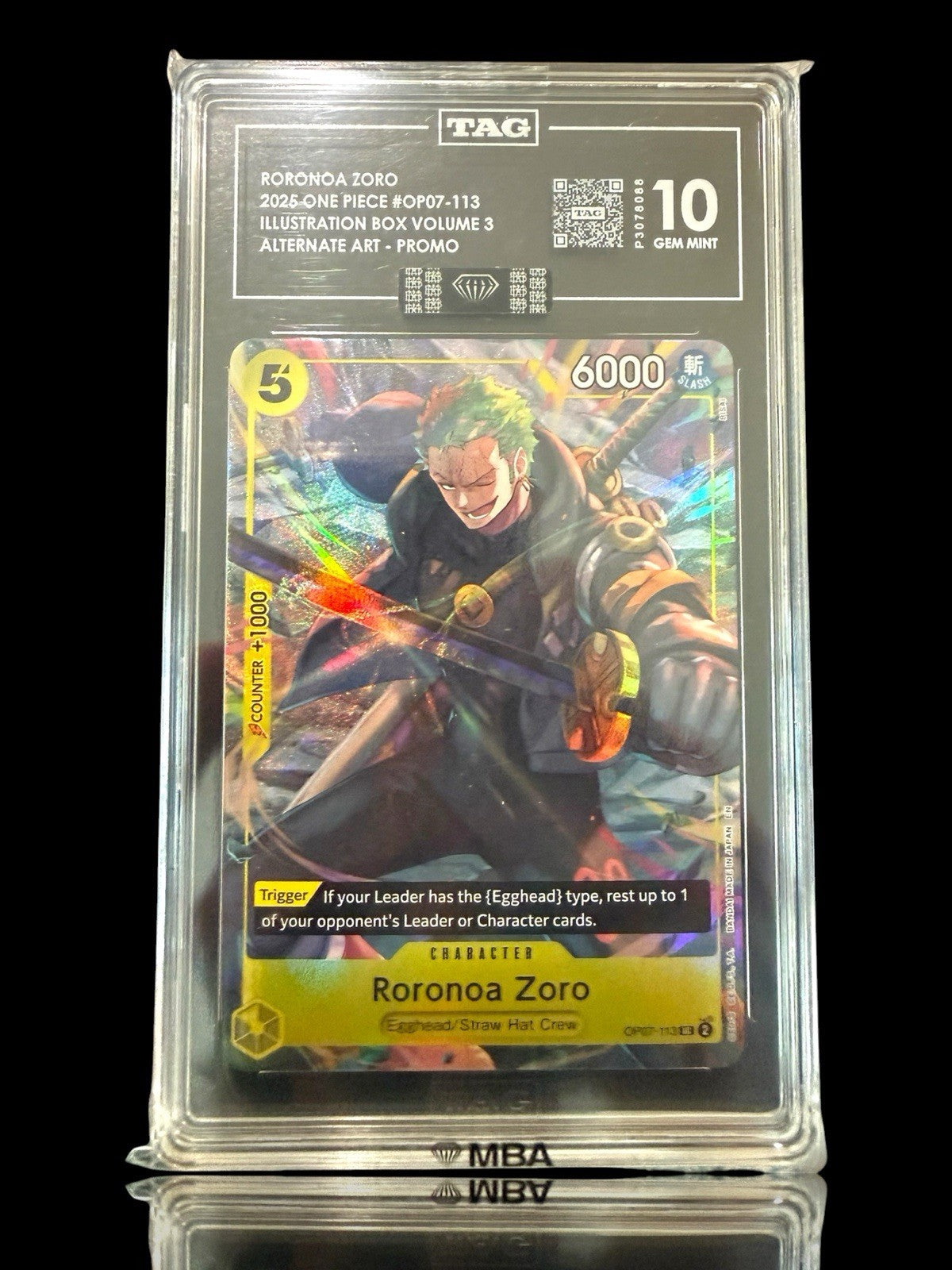 🔥 Roronoa Zoro OP07-113 One Piece Promo~TAG 10~FLAWLESS BLACK DIAMOND MBA 💎