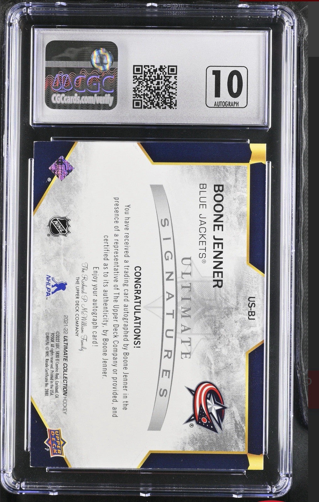 ‼️2021-22 UD Ultimate Collection Signatures Boone Jenner~GRADE 8.5~AUTO 10~POP 1