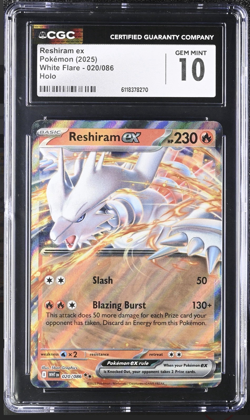 ‼️Reshiram ex 020/086 Sv: White Flare Holo GRADE 10! SAME DAY SHIP~SHOOT OFFER💨