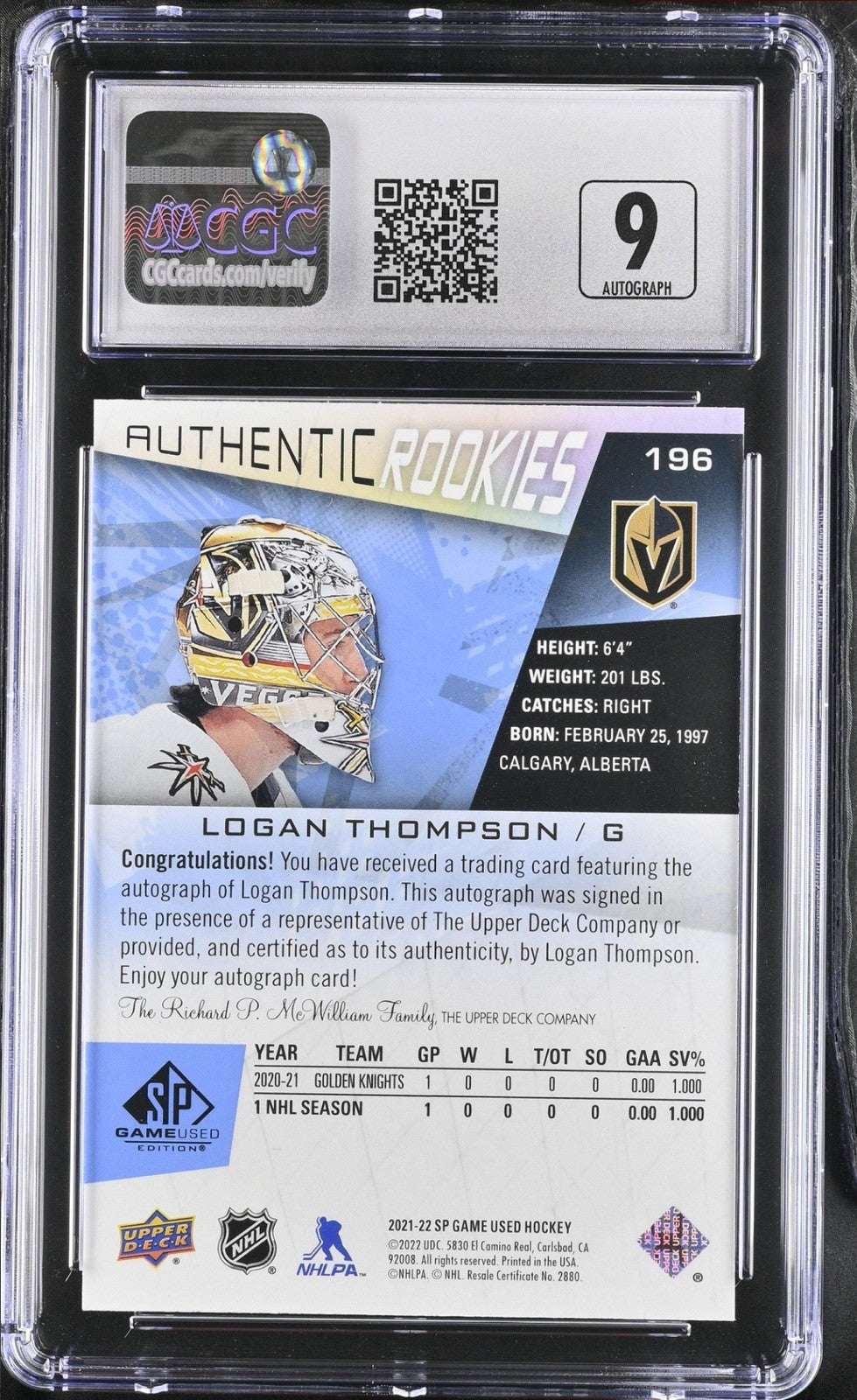 2021-22 Upper Deck SP Game Used - Authentic Rookies Logan Thompson #196 Blue...