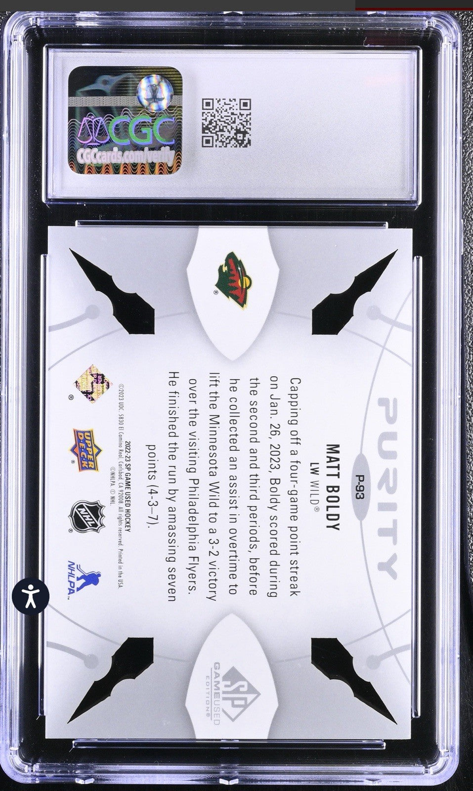 ‼️2022-23 Upper Deck SP Game Used - Purity Rookies Matt Boldy #P-93 (RC) GRADE 9