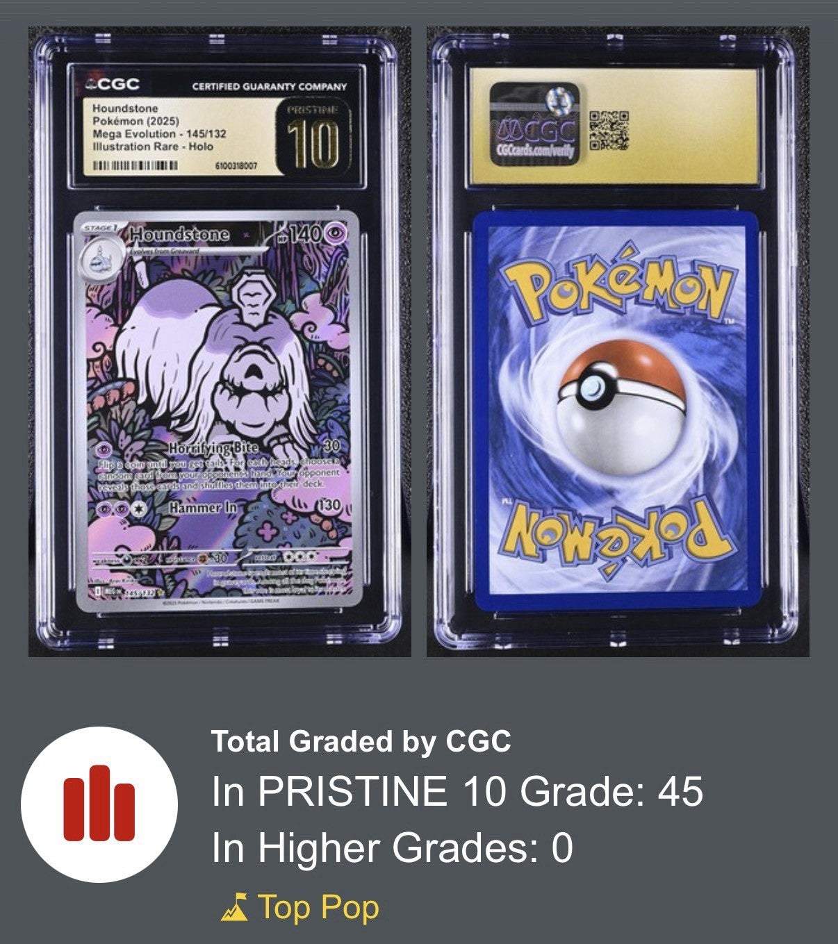 🌟Houndstone 145/132: Mega Evolution Holo GRADE 10 PRISTINE GOLD LABEL TOP POP💨