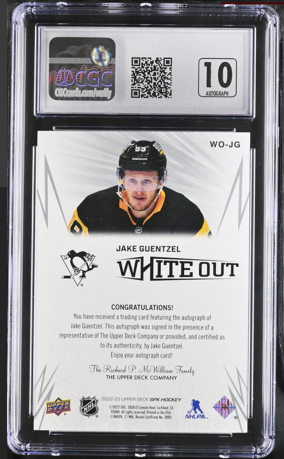 ‼️2022-23 SPx White Out #WO-JG Jake Guentzel~ GRADE 9~AUTO 10~POP 1~SHOOT OFFER