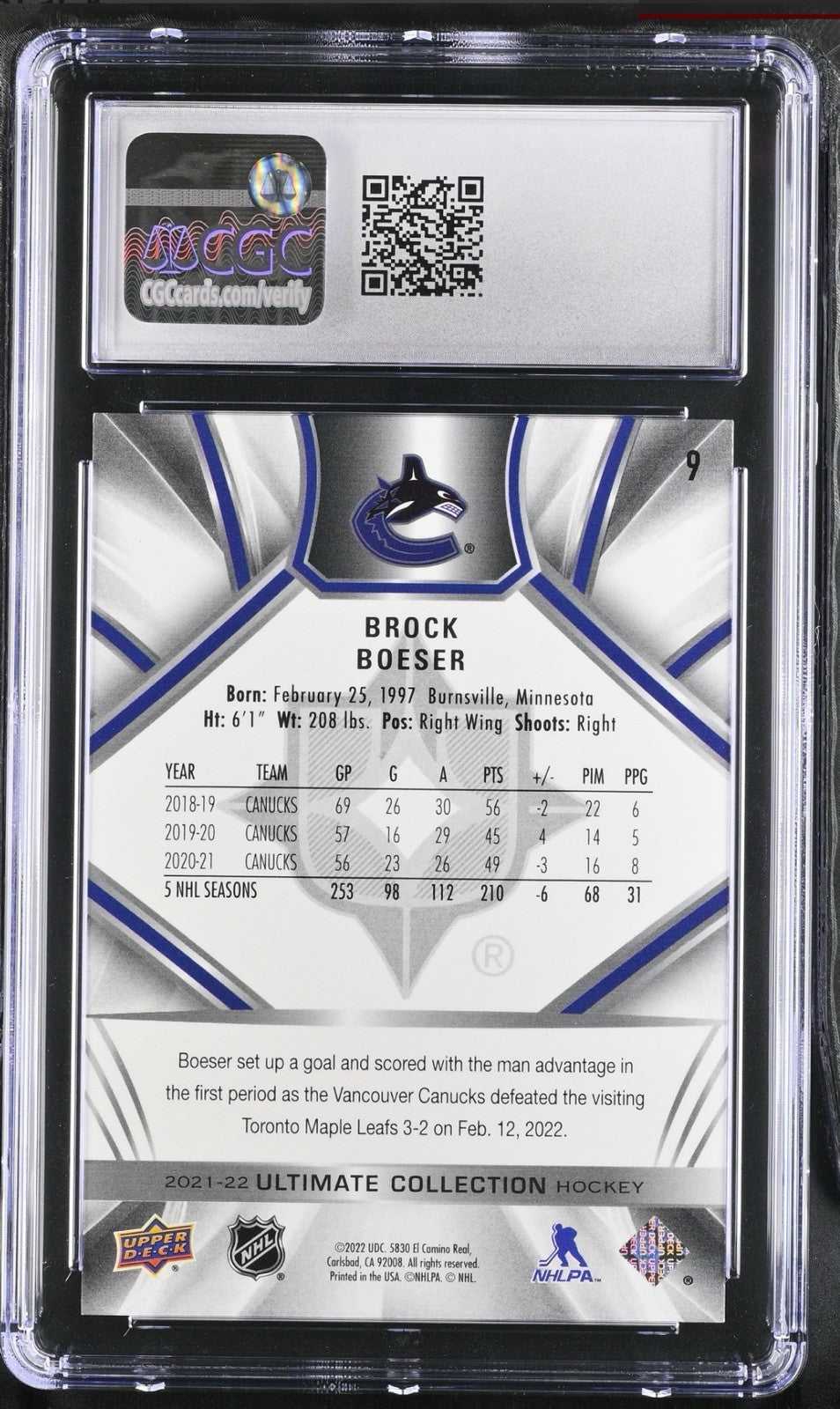 ‼️2021 UD Ultimate Collection #9 Brock Boeser Black~POP 1~GRADE 10~SHOOT OFFER💨