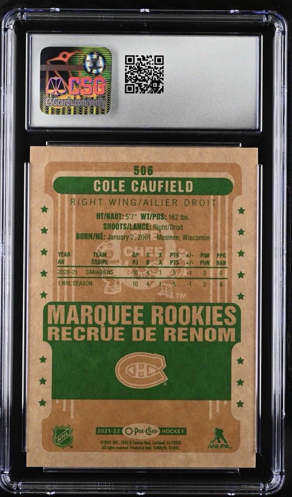 ‼️2021-22 O-Pee-Chee Marquee Rookies Cole Caufield #506 Retro CSG 10 POP 1!💨