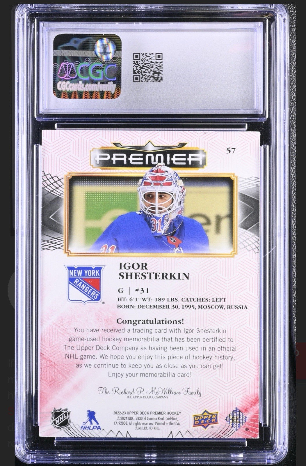 ‼️2022-23 Upper Deck Premier-Igor Shesterkin #57 JERSEY LACE 4/5 GRADE 8~POP 1💨