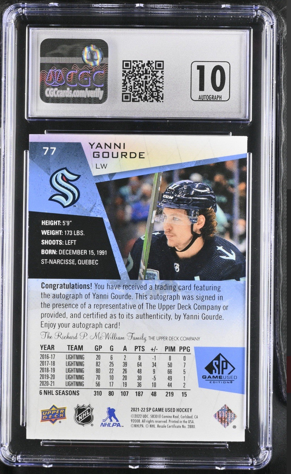 ‼️2021-22 SP Game Used #77 Yanni Gourde Blue GRADE 9~AUTO 10~POP 1~SHOOT OFFER💨