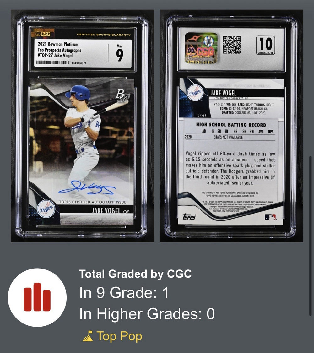 ‼️2021 Bowman Platinum Top Prospects Jake Vogel #TOP-27 AUTO RC POP 1!💨AUTO 10