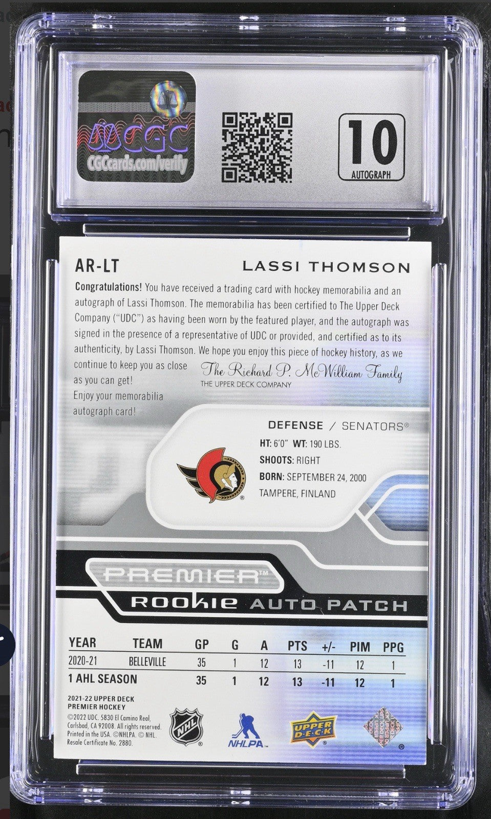 2021-22 Upper Deck Premier - Acetate Rookie Auto Patch Lassi Thomson #AR-LT /249
