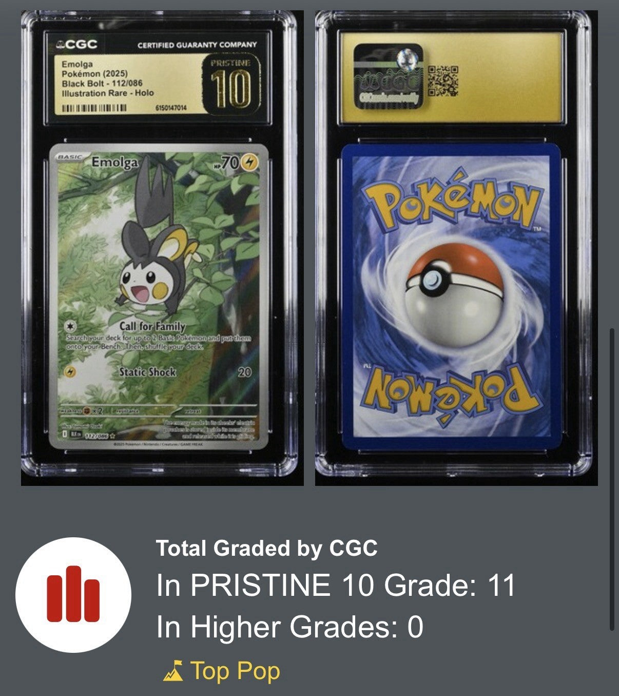 💎 Emolga 112/086 Black Bolt Holo GRADE 10 PRISTINE GOLD LABEL TOP POP 11!💨