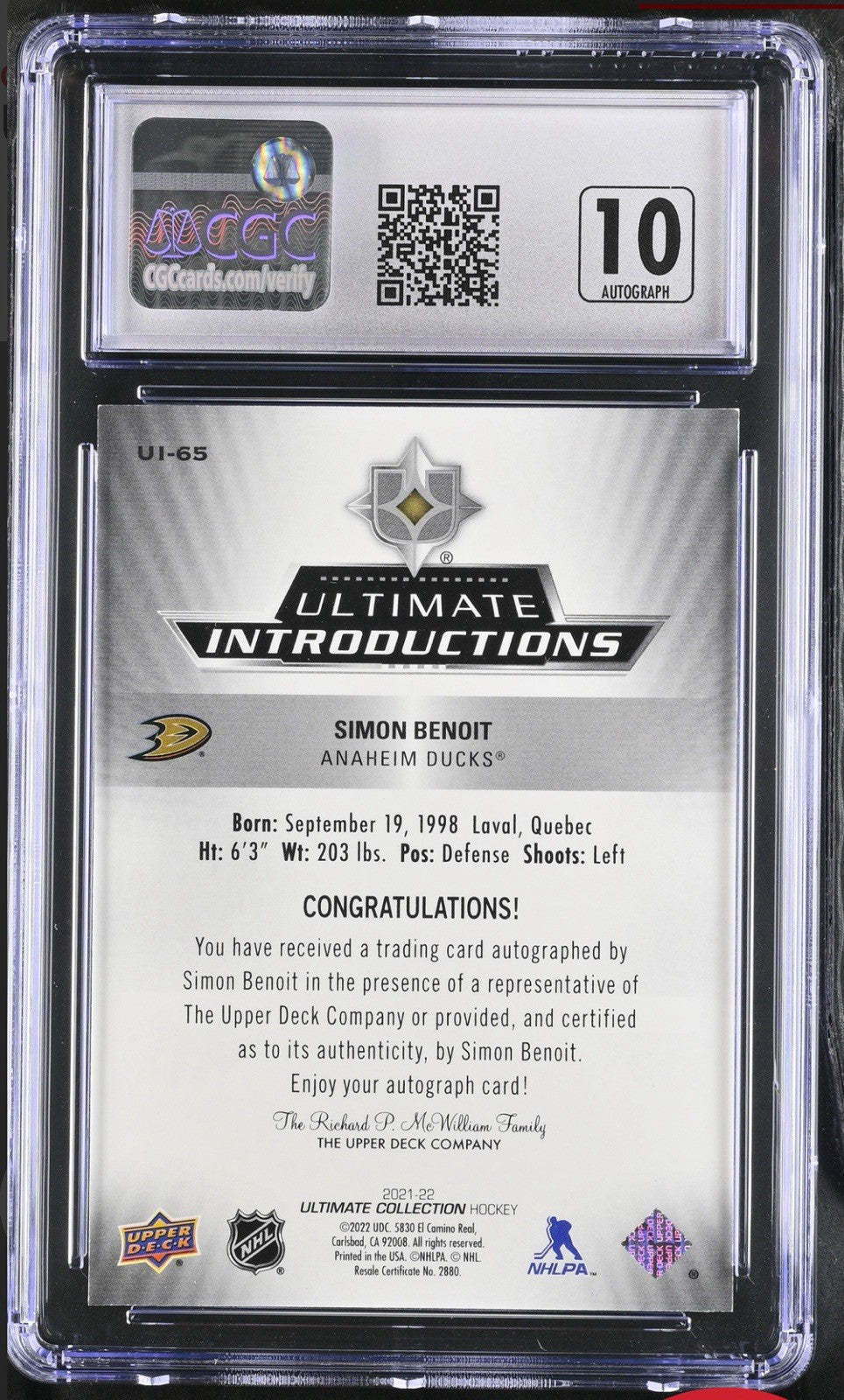 ‼️2021-22 UD Ultimate Introductions Autograph #UI-65 Simon Benoit GRADE 10~POP 1