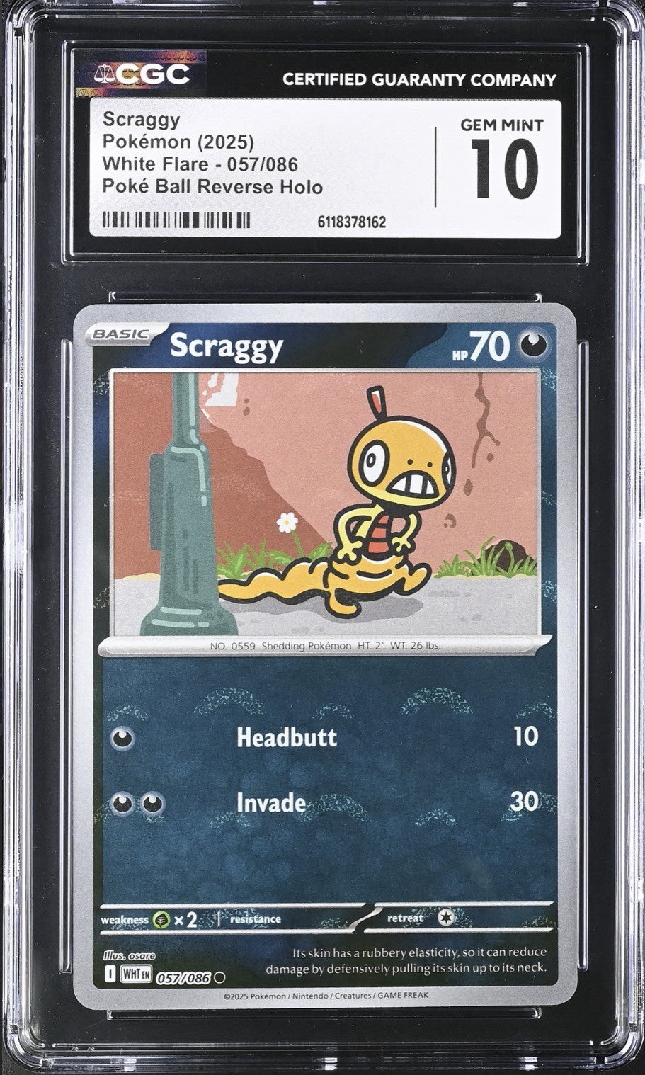🔥 Scraggy PokeBall 057/086 White Flare Holo GRADE 10! FAST SHIP SHOOT OFFER💨