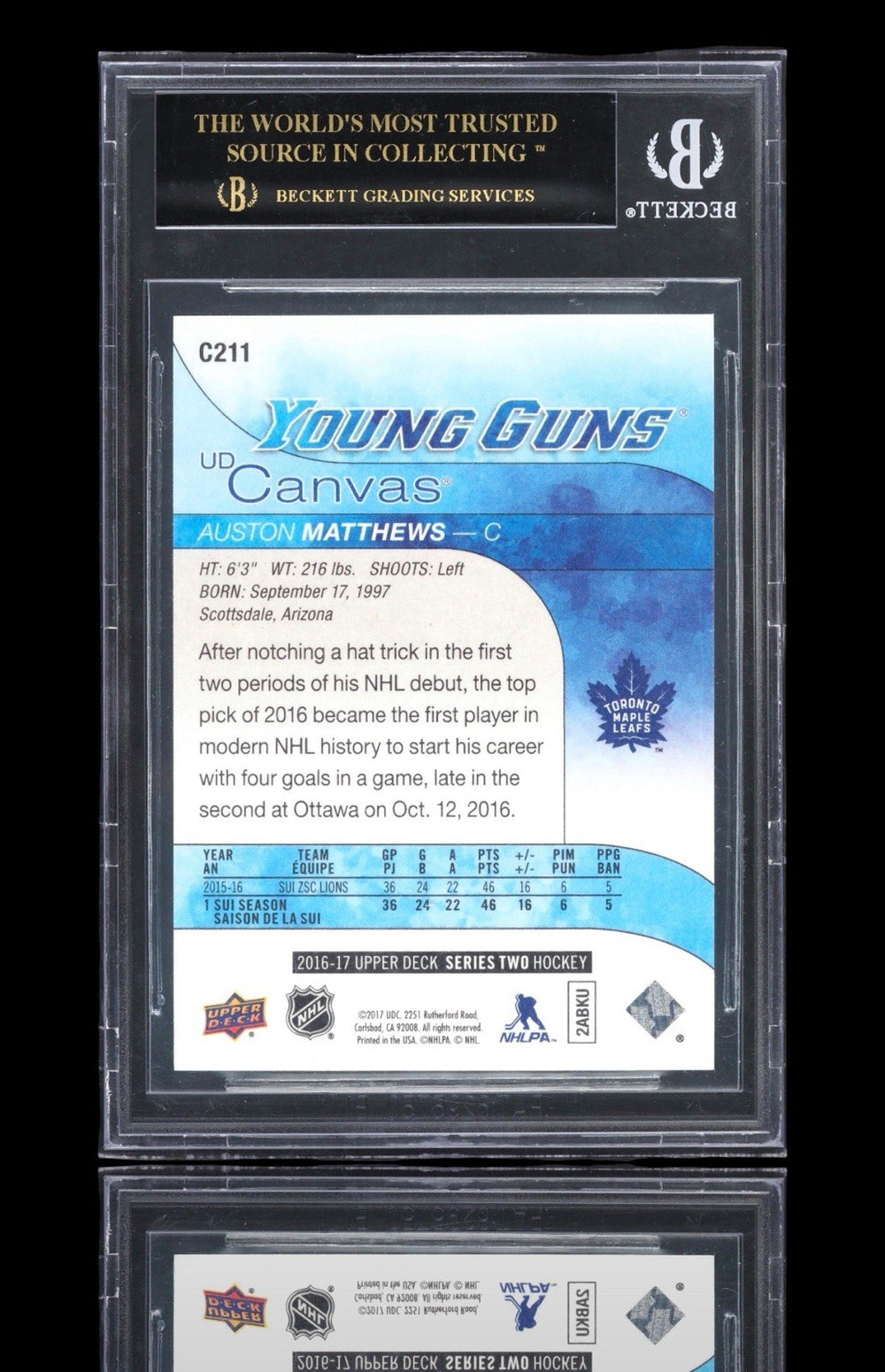 💎 2016-17 UD Canvas Young Guns Auston Matthews #C211 (RC) BLACK LABEL 10💨
