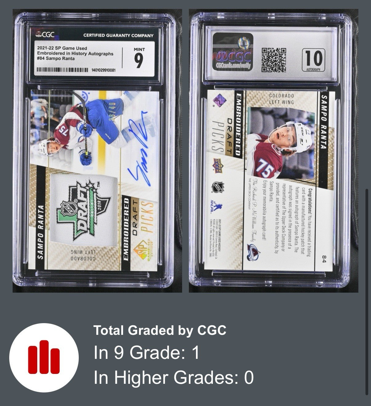 ‼️2021-22 SP Game Used Embroidered in History Autographs #84 Sampo Ranta CGC 9💨