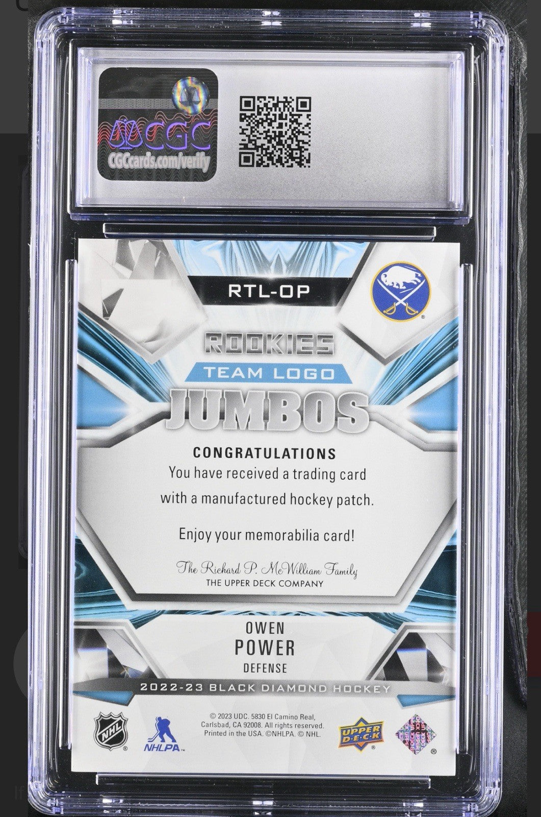 ‼️2022 UD OWEN POWER Black Diamond - Rookie Team Logo Jumbo GRADE 8.5~POP 1!💨