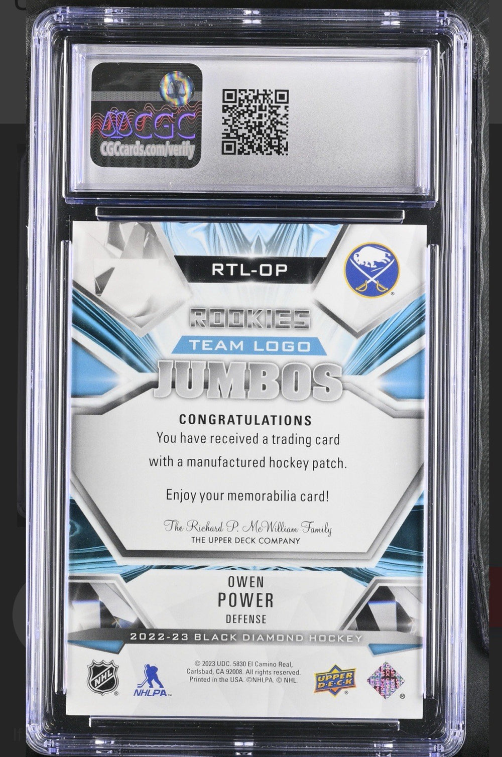 ‼️2022 UD OWEN POWER Black Diamond - Rookie Team Logo Jumbo GRADE 8.5~POP 1!💨