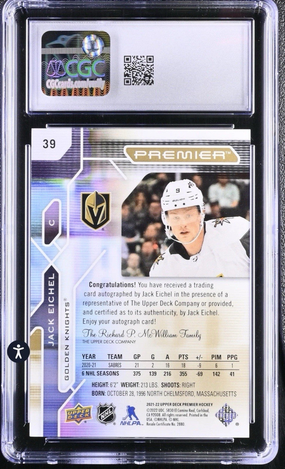 ‼️Jack Eichel 2021-22 Upper Deck Premier #39 Base Gold Auto /25 GRADE 9~POP 1💨