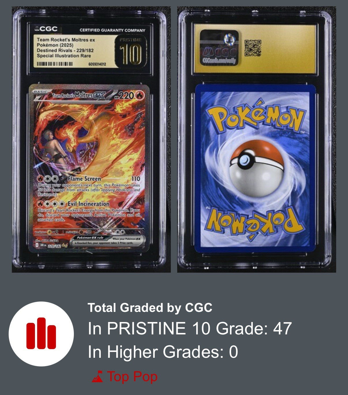 ‼️CGC 10 Pristine GOLD LABEL Team Rocket MOLTRES SIR Destined Rivals #239/182💨
