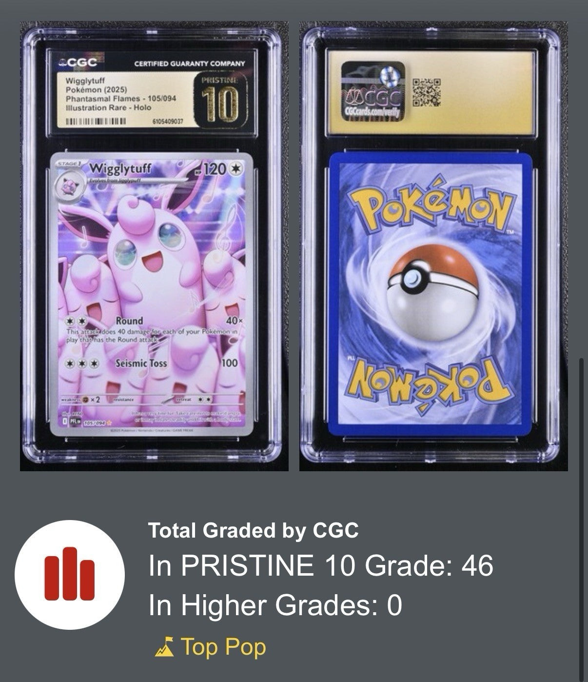 ‼️Wigglytuff 105/094 Phantasmal Flames GRADE 10 PRISTINE GOLD LABEL TOP POP!💨