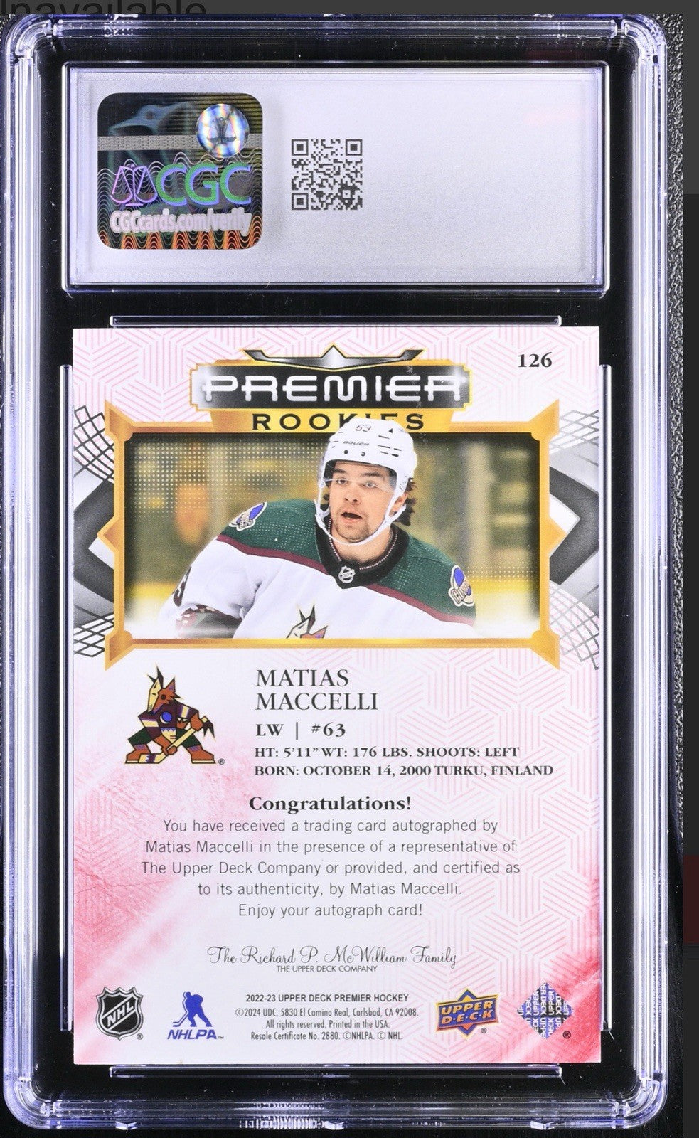 ‼️2022-23 UD Premier~Rookies Matias Maccelli POP 1 GRADE 8~AUTO 10~SHOOT OFFER💨