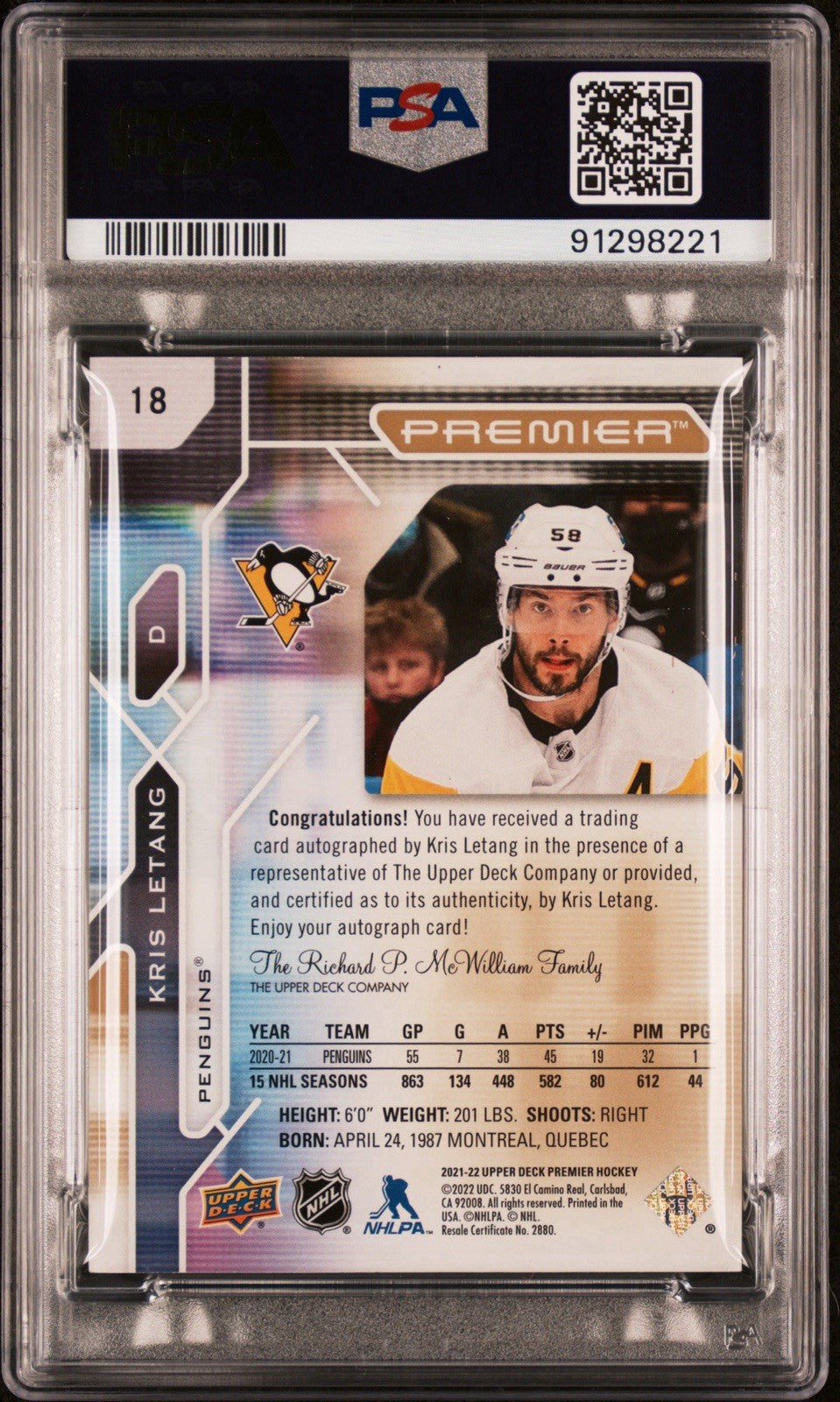 ‼️2021 UD PREMIER KRIS LETANG AUTOGRAPH GOLD 25/25~LOW POP PSA 8~SHOOT OFFER💨