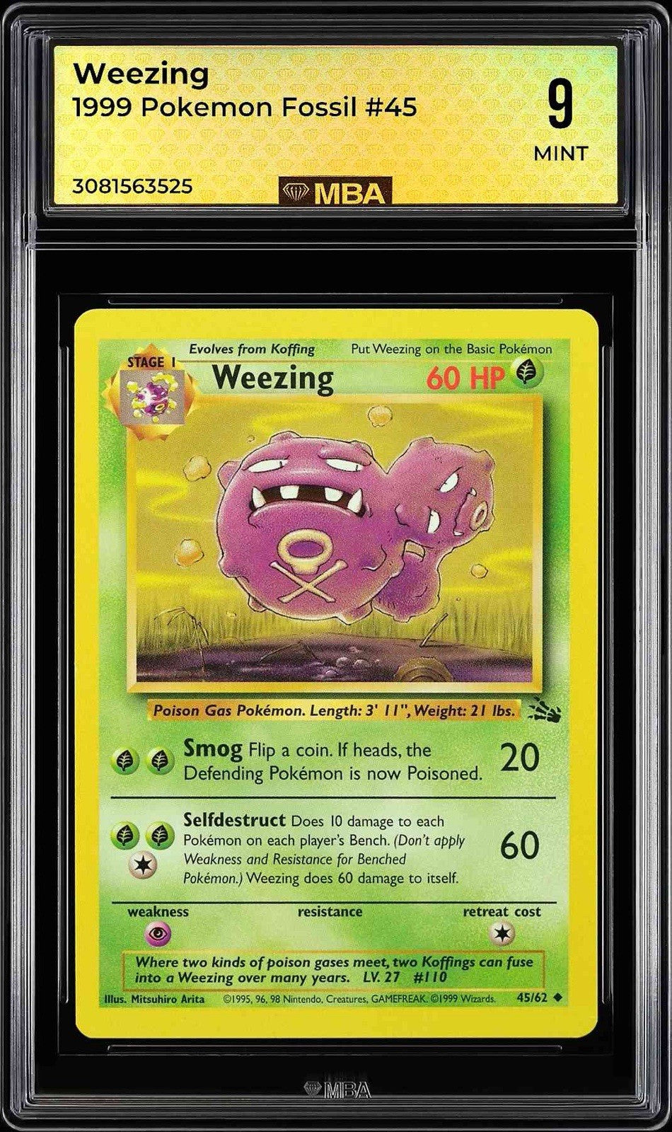 ⚠️ Weezing 45/62 Pokemon Fossil Regular~ MBA GRADE 9~ FAST SHIP SHOOT OFFER!💨