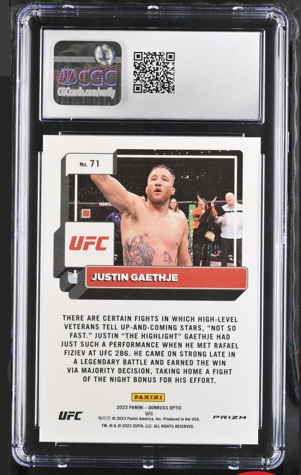 ‼️2023 Donruss Optic UFC #71 Justin Gaethje Blue Prizm 68/99~GRADE 10~OFFER ⬆️