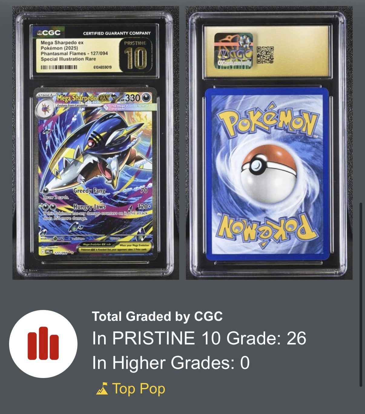 ‼️Mega Sharpedo ex #127 Phantasmal Flames GRADE 10 PRISTINE GOLD LABEL TOP POP💨